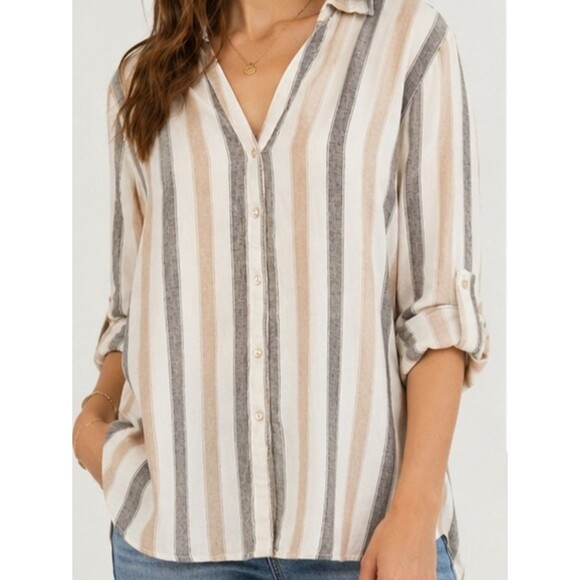 Tahari Tops - Tahari Linen Blend Striped Button Front Tunic Blouse Women's Sz L Beige Gray Tan